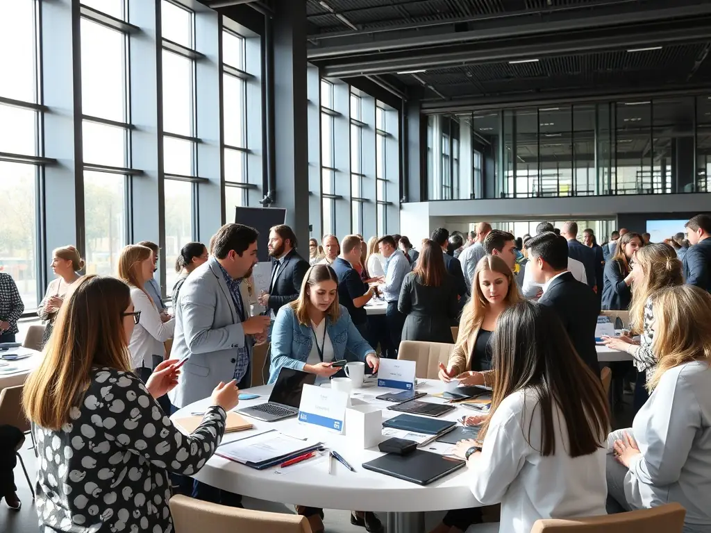 A vibrant image showing attendees networking during a coffee break at a Viabilityway conference, with people actively engaged in conversations and exchanging business cards in a relaxed setting.