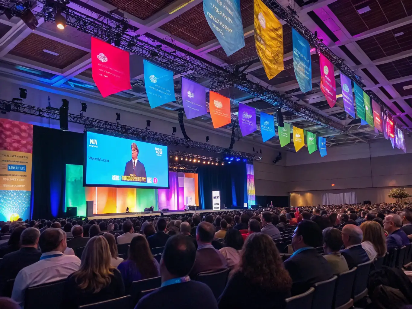 A dynamic shot of a sponsor's logo prominently displayed at a Viabilityway conference, with attendees networking in the background, showcasing brand visibility and engagement.