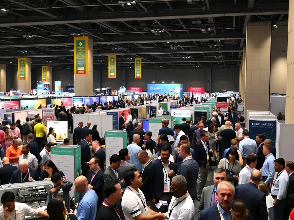 A vibrant image of attendees interacting with a sponsor's booth at a Viabilityway conference, demonstrating direct engagement and lead generation opportunities.