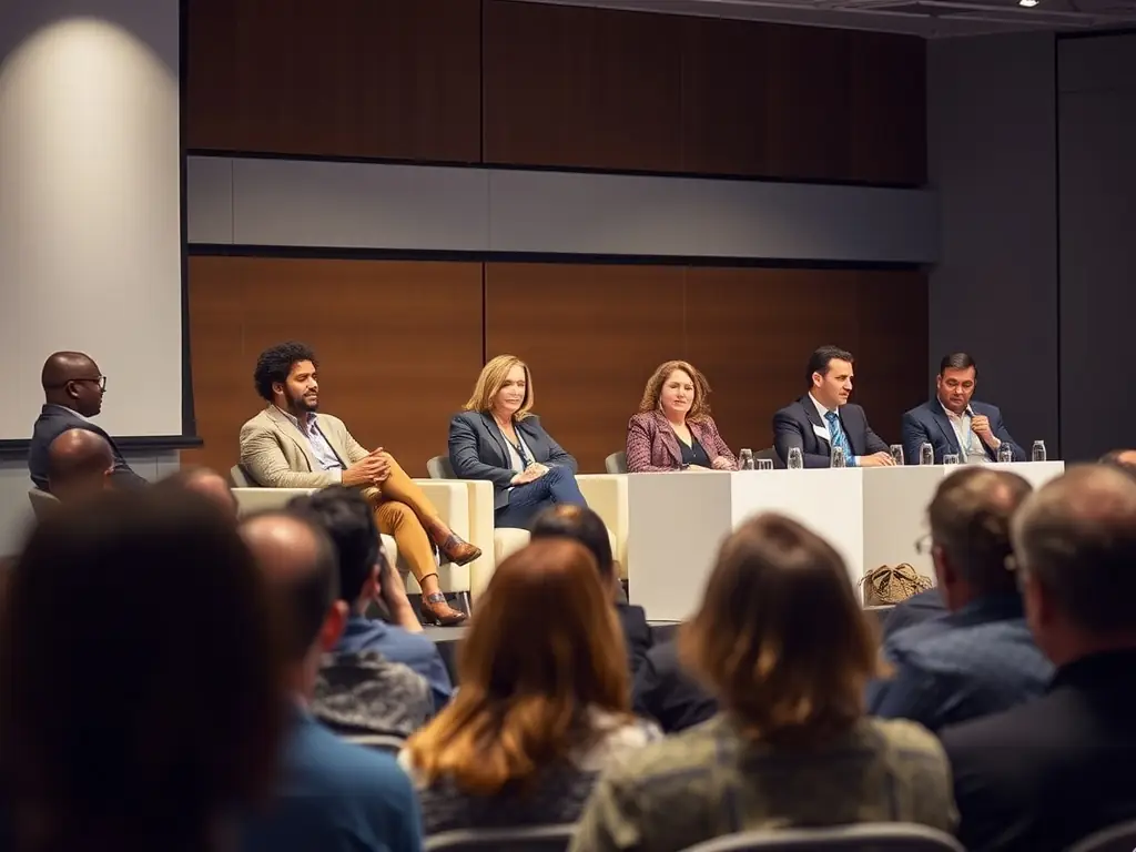A photograph of a panel discussion at a business conference, with diverse speakers and engaged audience members.