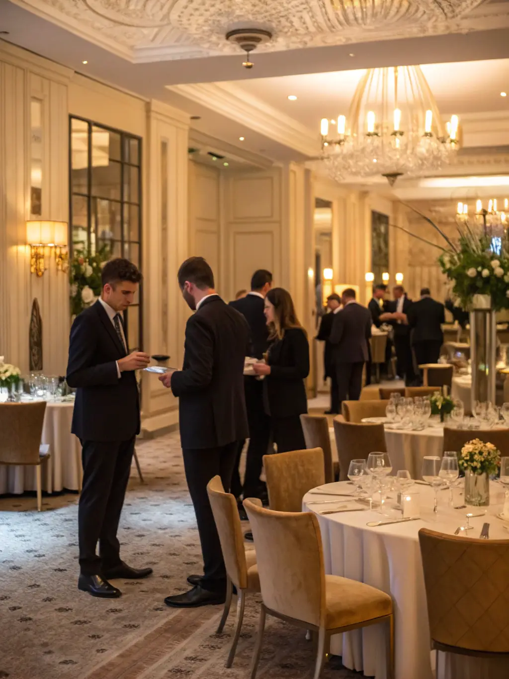 A photograph of a modern conference hall in London, with attendees networking during a break at the 'London Startup Summit'.
