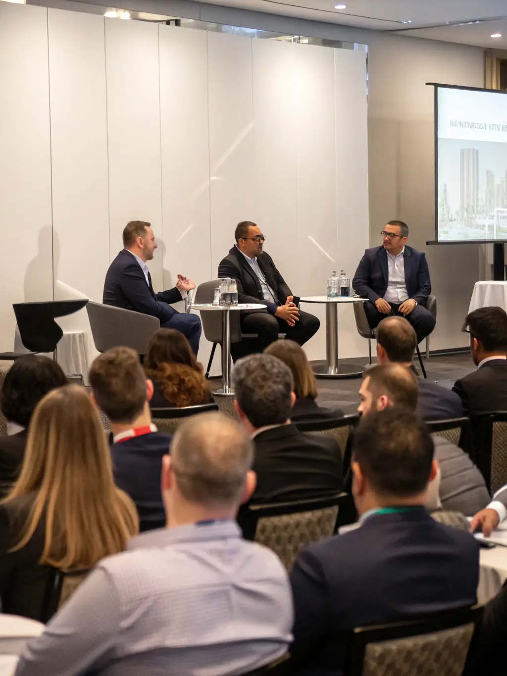 A vibrant image of a panel discussion at the 'Manchester Innovation Forum', featuring experts discussing future technologies.