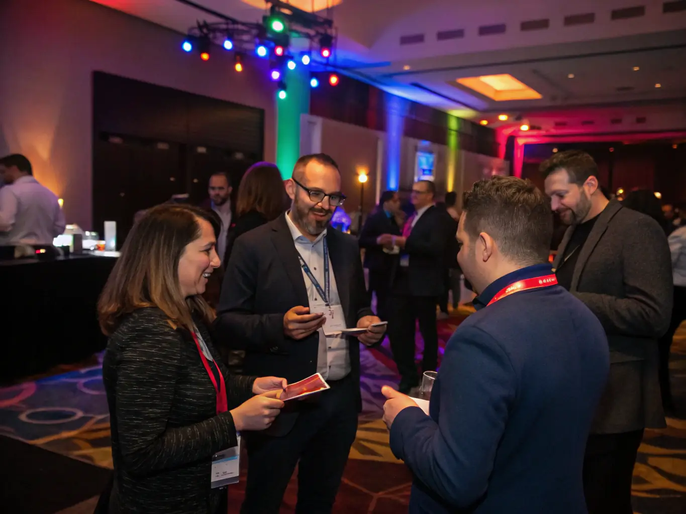 A photograph of attendees networking at a business conference, with a focus on the connections and collaborations being formed.